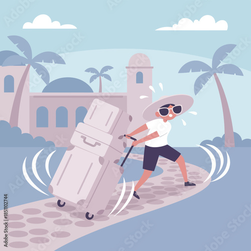 Traveler pulling heavy stacked suitcases along pathway in hot resort