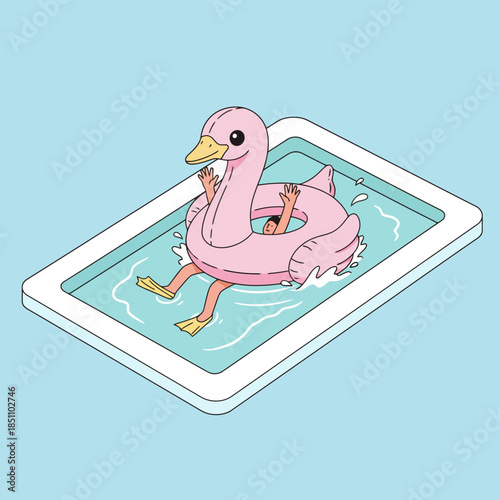 Cartoon illustration of person floating in pool on a pink swan floatie.