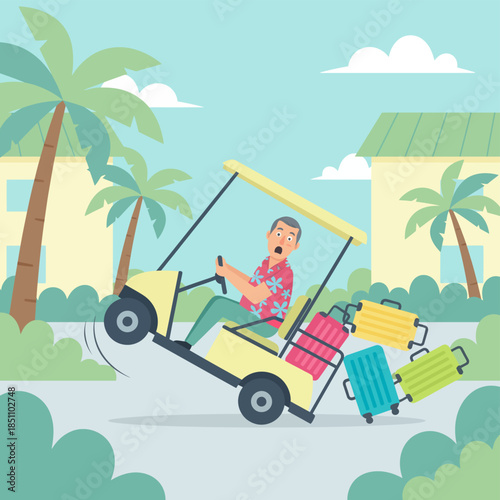 Shocked tourist drives tipping golf cart and loses luggage at resort.