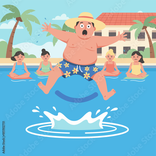 Cannonball splash disrupts women relaxing in the tropical resort pool.