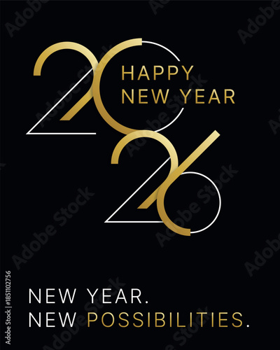 Happy New Year 2026 celebration with golden text on black background