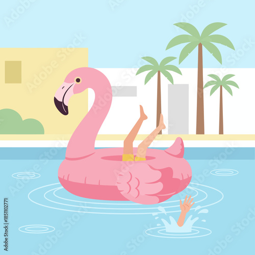 Person sinking next to a large pink flamingo float in a swimming pool.