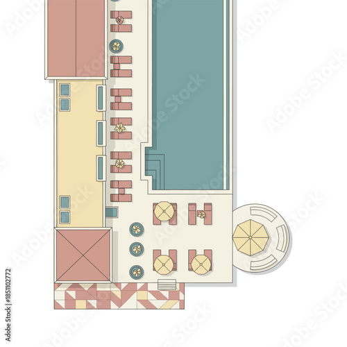 Hotel swimming pool and sun loungers area overhead illustration