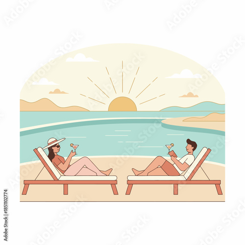 Couple Relaxing on Sun Loungers at Beach Sunset Illustration