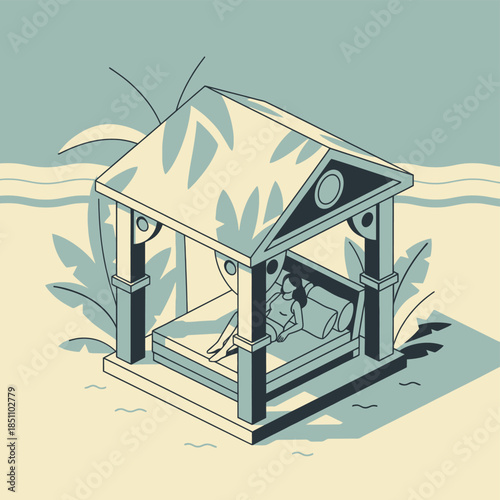 Woman relaxing on a daybed in a tropical beach pavilion, isometric vector.