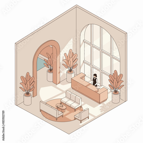 Modern isometric reception lobby with desk and seating area