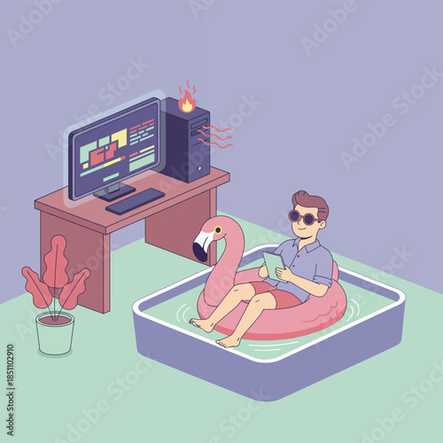 Remote Worker on Flamingo Float Next to Overheating Computer Desk