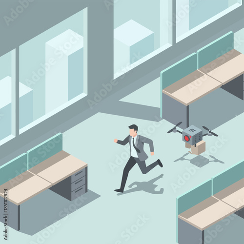 Businessman running while being followed by a drone in an isometric office.