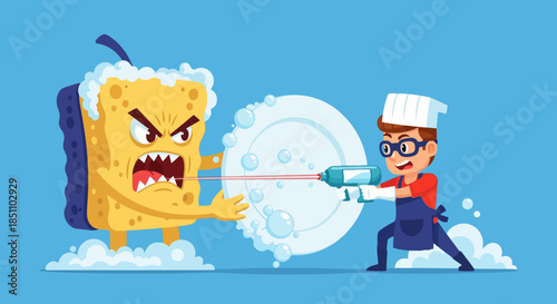 Dishwashing Battle: Man Fights Giant Angry Sponge with Laser Gun