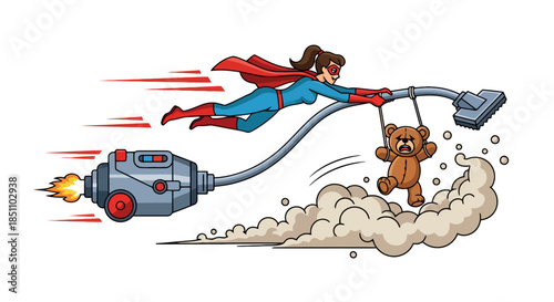 Superhero Woman Flying Fast with Rocket Vacuum Cleaner and Scared Teddy Bear