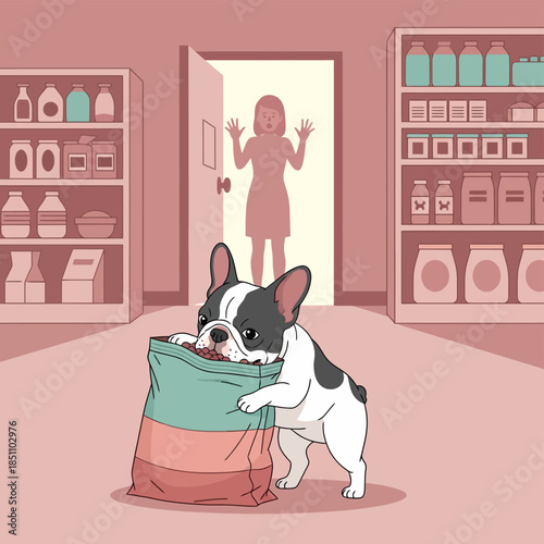 French Bulldog eating kibble from the bag, caught by owner