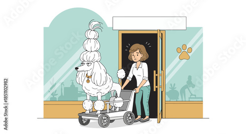 Poodle with exaggerated haircut is pushed out of the pet salon