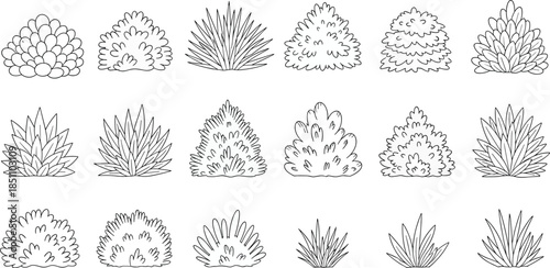 Hand drawn bush and shrub collection decorative garden foliage outlines botanical plant set landscape elements black white flat vector illustration