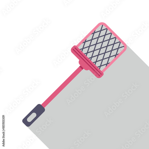 Pink fly swatter with a long shadow on a white background
