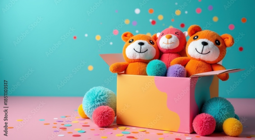Obraz premium Brightly colored bears sitting in a box with confetti donation box
