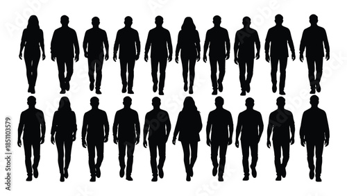 A group of people walking forward displayed as dark shapes against a white background silhouette