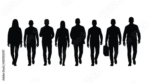 A row of black figures walking forward depicting a diverse group of people silhouette