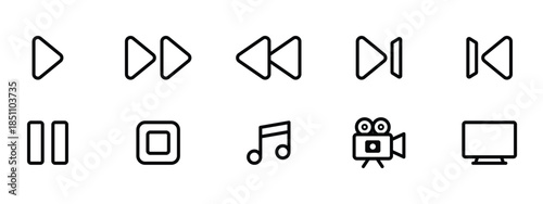 media player icon set for music video sound play pause stop rewind forward tv and entertainment design
