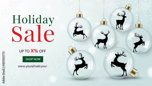 Christmas Holiday Sale Ornaments with Reindeer Designs on Clear Glass Balls