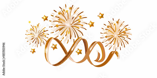 Golden wedding rings intertwined with sparkling fireworks and celebratory stars