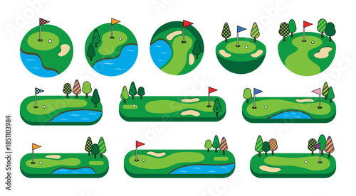 Golf course hole flat vector icon set