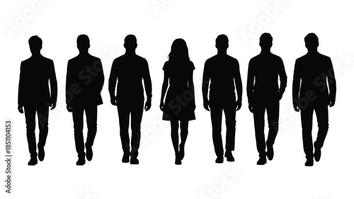 A group of people walking forward depicted as a striking black silhouette