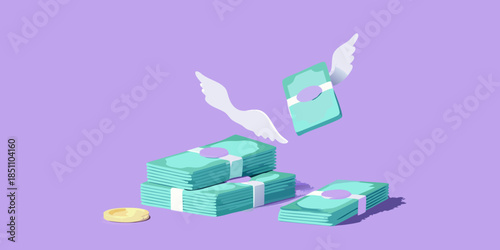 Stacks of money with wings symbolizing financial freedom and opportunity