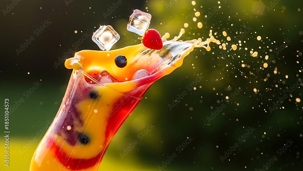 Naklejka premium Dynamic Splash of Tropical Fruit Smoothie with Ice Cubes and Berries in Sunlit Garden