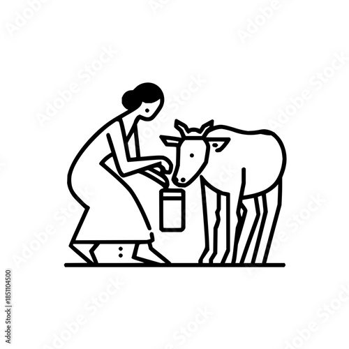 Woman milking cow dairy farm fresh milk agriculture farming livestock rural countryside organic product illustration