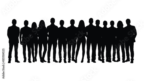 A large group of people standing together depicted as a striking black silhouette