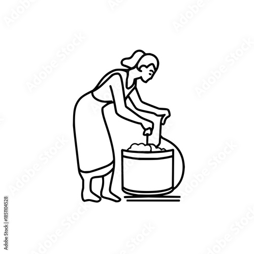 Woman making traditional food dough kneading dough food preparation cooking kitchen illustration line art