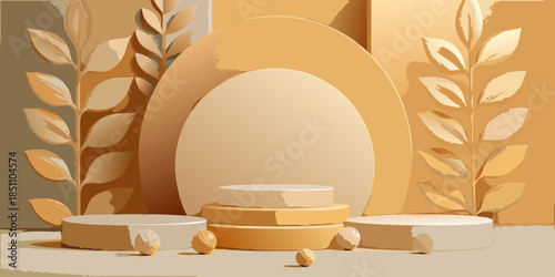 Abstract golden podium setup with botanical elements and minimalist design