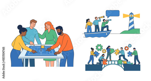 Business team collaborating on planning, strategy, and teamwork concepts