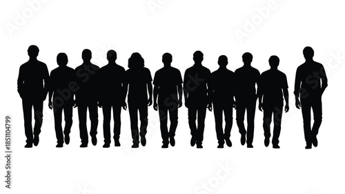 A line of dark figures standing together presenting a stark visual representation silhouette