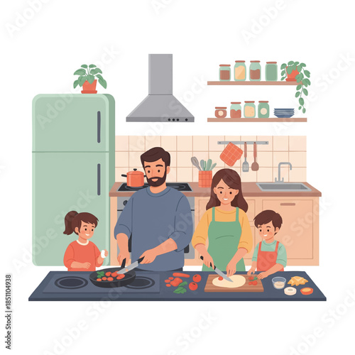 Happy Family Cooking Together in Kitchen Parents and Children Preparing Food