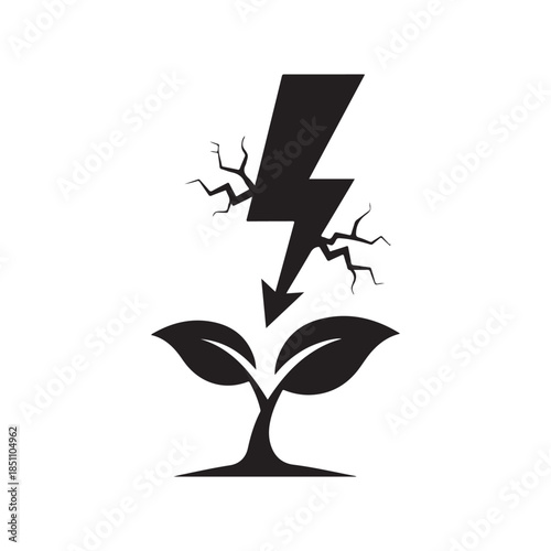 Lightning bolt striking a growing plant seedling silhouette, concept for renewable energy, environmental power, and nature conservation