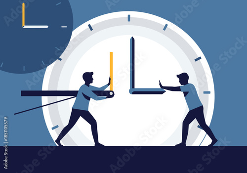 Time management illustration people pushing clock hands to control time