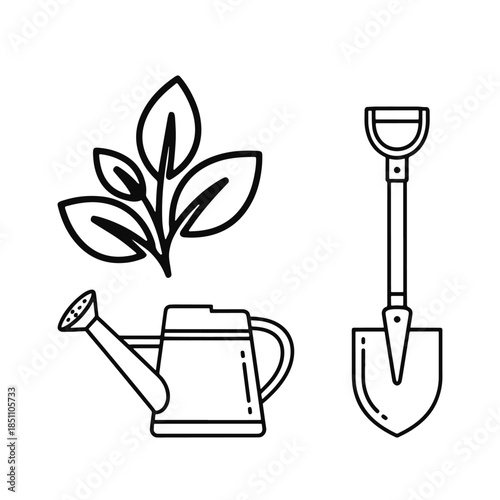 Black and white line of gardening tools and plant leaf spade