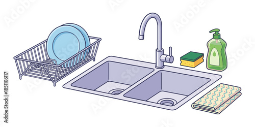Kitchen sink setup for washing dishes and cleaning chores