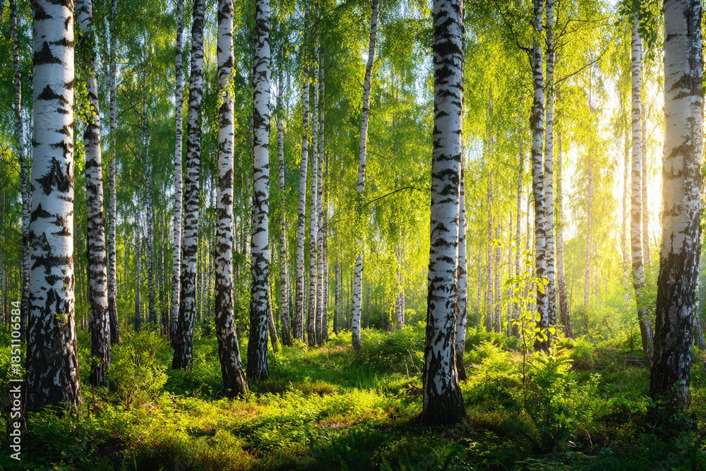 Fototapeta premium sunlit birch forest with lush green foliage and dappled light