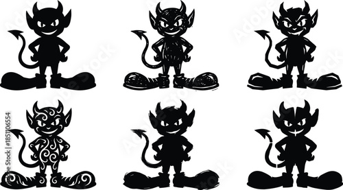 Cartoon devil character illustration set, mischievous poses, cad drawing flat vector artwork design