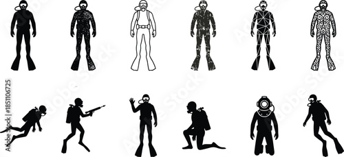 Diver silhouette illustration set, underwater action poses, cad drawing flat vector artwork design