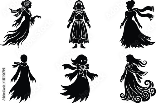 Ghostly female silhouette illustration set, supernatural character styles, cad drawing flat vector artwork