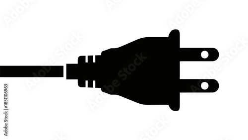 Black Electrical Plug Silhouette with Cord on White Background.