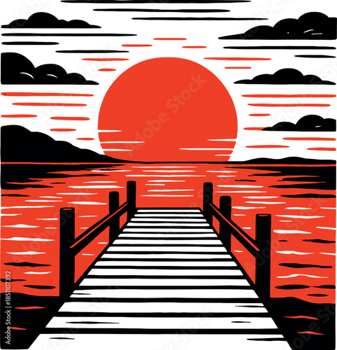 Sunset Dock Pier Ocean Red Vintage design
