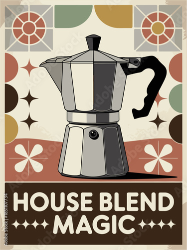 Retro mid century modern poster with a moka pot and geometric decorative motifs in muted colors and clean vector style.