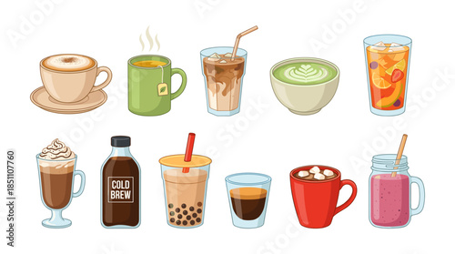 Variety of popular beverages drinks collection