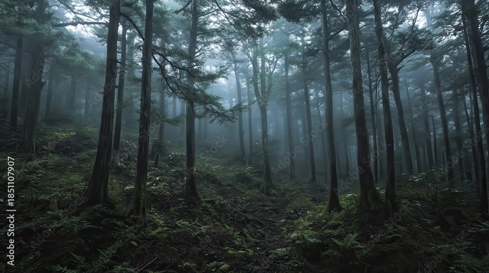 Fototapeta premium Serene Forest Landscape with Fog and Lush Greenery in Morning Light