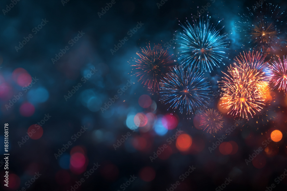 Fototapeta premium vibrant blue and orange fireworks explode against a dark background with bokeh lights