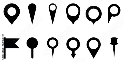 Diverse collection of black map marker and location pin icons for navigation and digital application interfaces